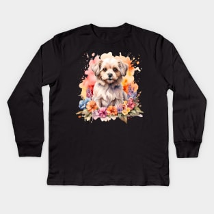A maltese dog decorated with beautiful watercolor flowers Kids Long Sleeve T-Shirt